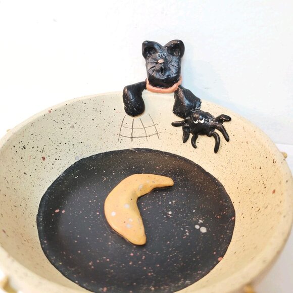 Vtg Art Pottery Halloween Black Cat Spider Moon Crest Trinket Candy Dish Decor - Picture 3 of 6